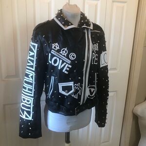 Studded Black Vegan Leather Jacket with White Graphic Patches